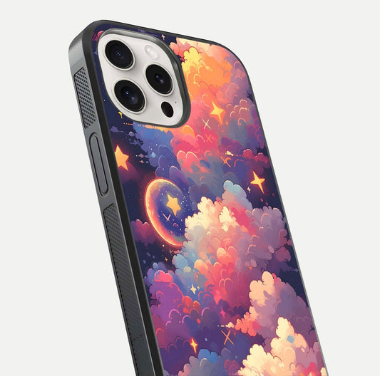 Starlit Dream Clouds Glass Case for iPhone 15 Pro Max close-up angled shot highlighting cloud texture and reflection
