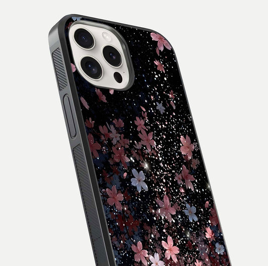 Starlit Flower Dreams Glass Case for iPhone 15 Pro Max close-up angled shot highlighting petal reflection and HD depth