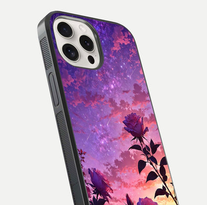 Starlit Rose Twilight Glass Case for iPhone 15 Pro Max close-up angled shot highlighting rose detail and reflection