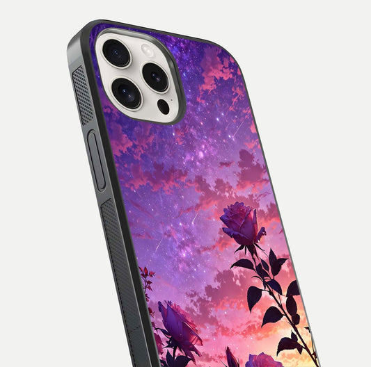 Starlit Rose Twilight Glass Case for iPhone 15 Pro Max close-up angled shot highlighting rose detail and reflection