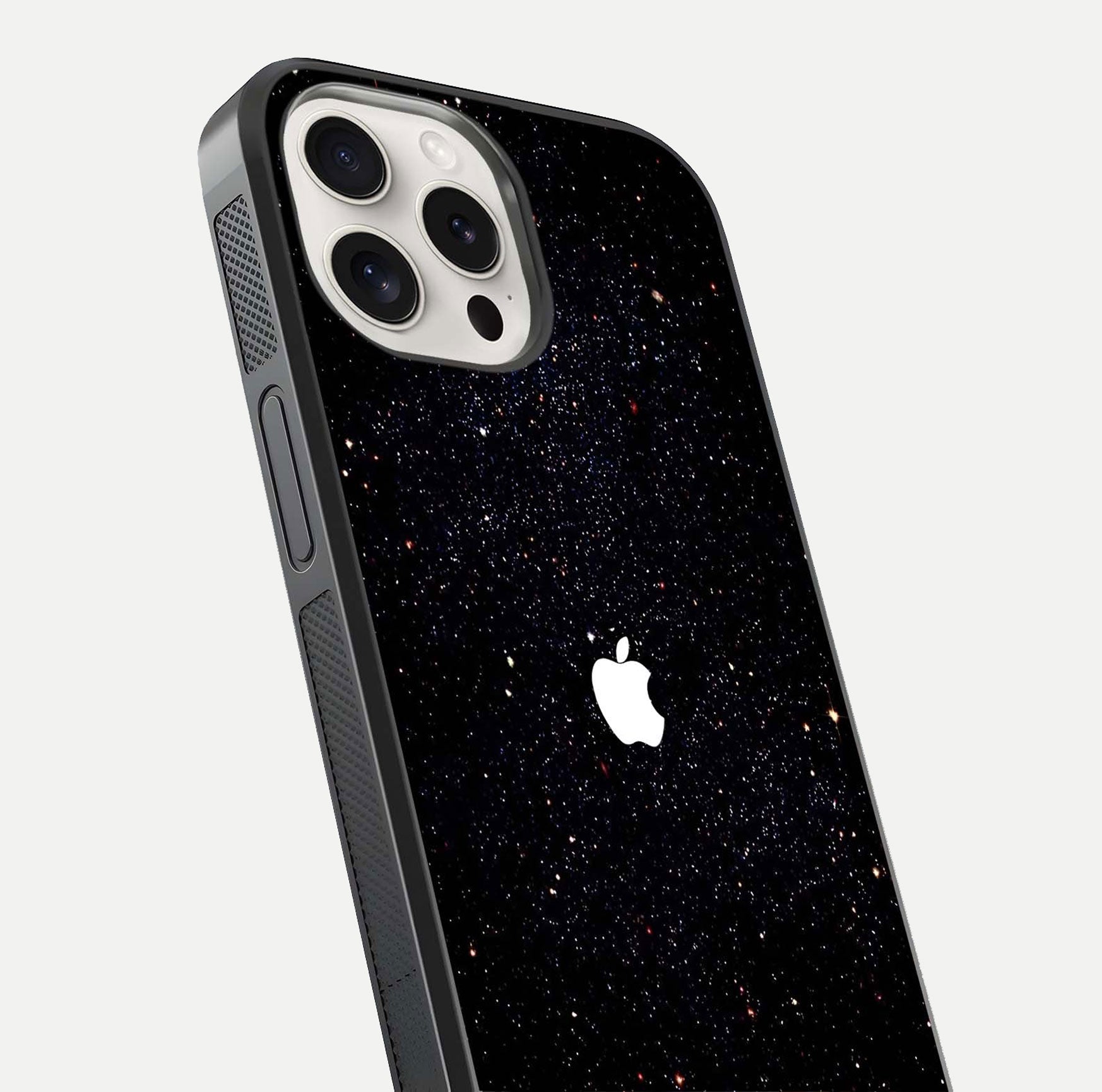 Starry Apple Galaxy Glass Case for iPhone 15 Pro Max close-up angled shot highlighting star details and gloss