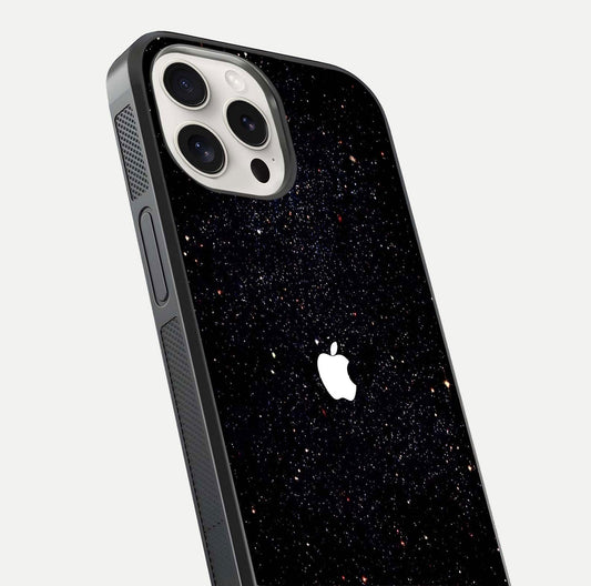 Starry Apple Galaxy Glass Case for iPhone 15 Pro Max close-up angled shot highlighting star details and gloss