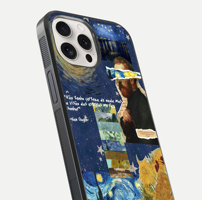 Starry Dream Vision Glass Case for iPhone 15 Pro Max close-up angled shot highlighting cosmic light and reflection