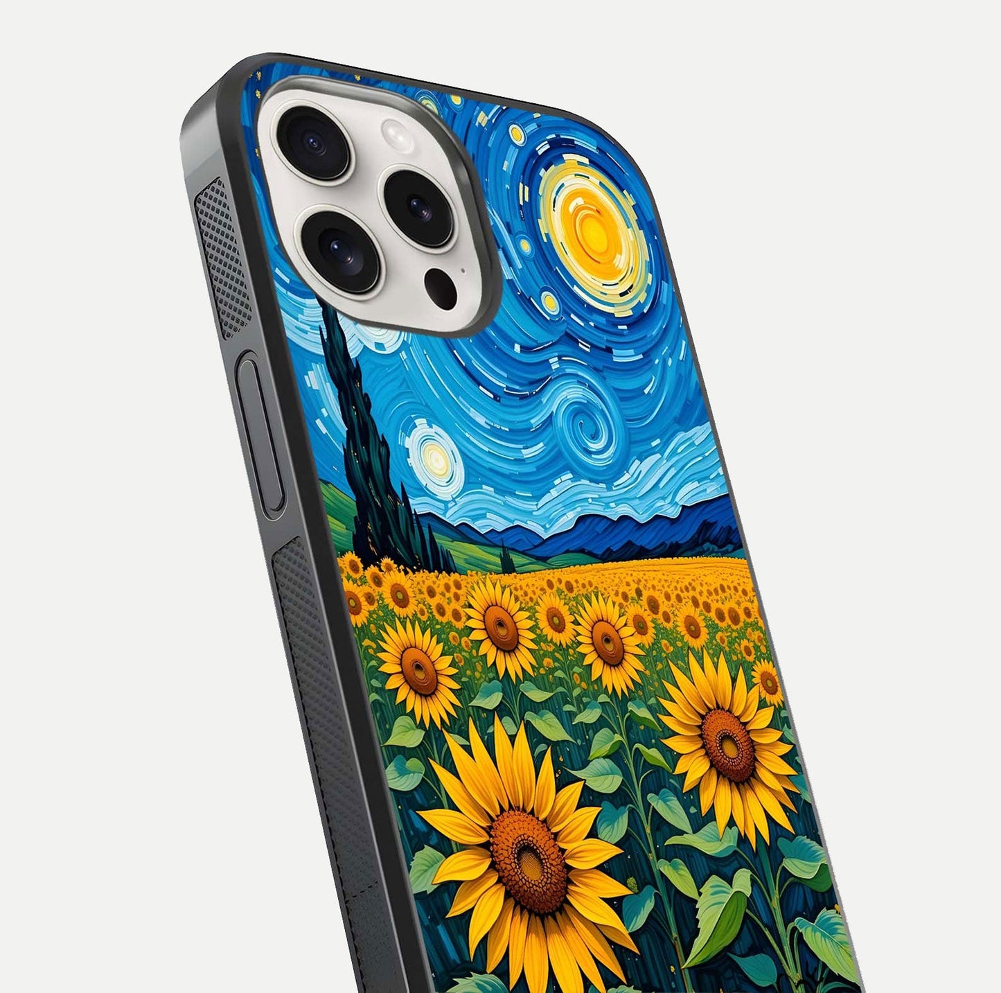 Starry Sunflower Dreams Glass Case for iPhone 15 Pro Max close-up angled shot highlighting petal texture and gloss