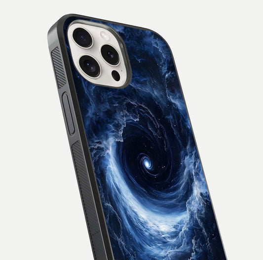 Stunning Galaxy Glass Case for iPhone 15 Pro Max close-up angled shot highlighting nebula tones and HD reflection