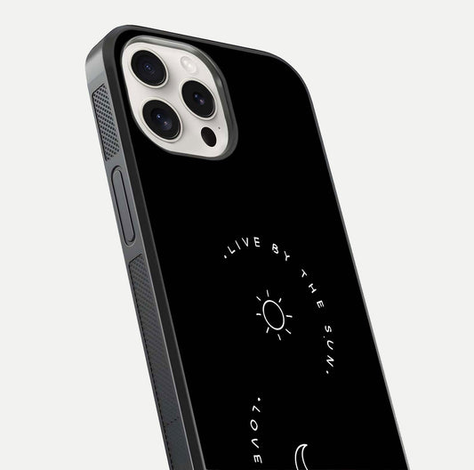 Sun Moon Balance Glass Case for iPhone 15 Pro Max close-up angled shot highlighting cosmic art and HD reflection