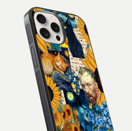 Sunflower Cat Art Glass Case for iPhone 15 Pro Max close-up angled shot highlighting yellow tones and art reflection