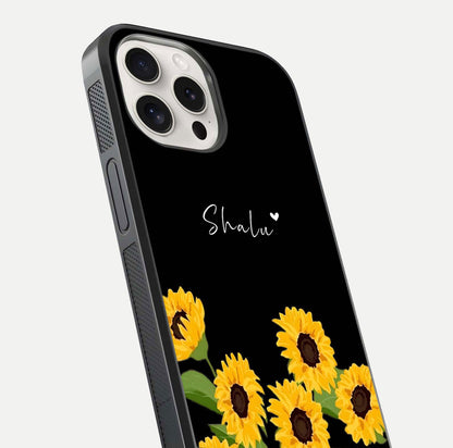 Sunflower Chic Mood Custom Name Glass Case for iPhone 15 Pro Max close-up angled shot showing HD sunflower pattern