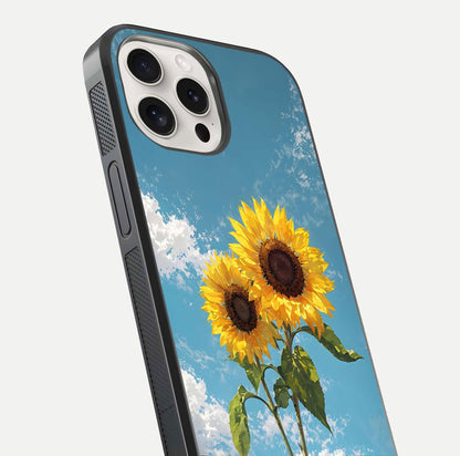 Sunflower Sky Bloom Glass Case for iPhone 15 Pro Max close-up angled shot highlighting petal details and reflection