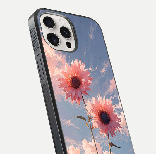 Sunlit Daisy Glow Glass Case for iPhone 15 Pro Max close-up angled shot highlighting petal texture and reflection
