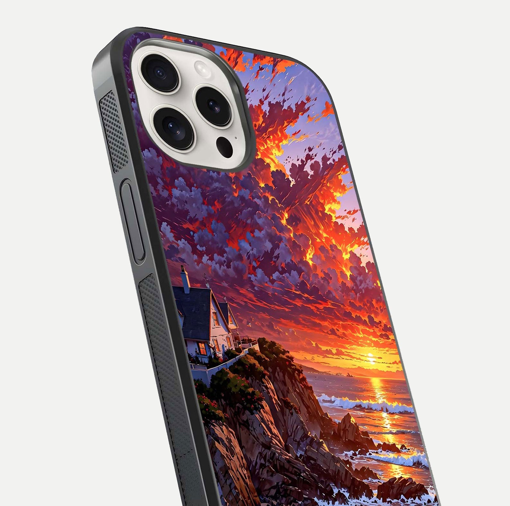 Sunset House by Sea Glass Case for iPhone 15 Pro Max close-up angled shot highlighting sunset tones and water glow