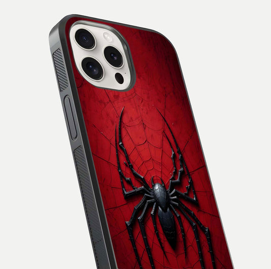 Venom Web Emblem Glass Case for iPhone 15 Pro Max close-up angled shot highlighting sharp logo lines and reflection