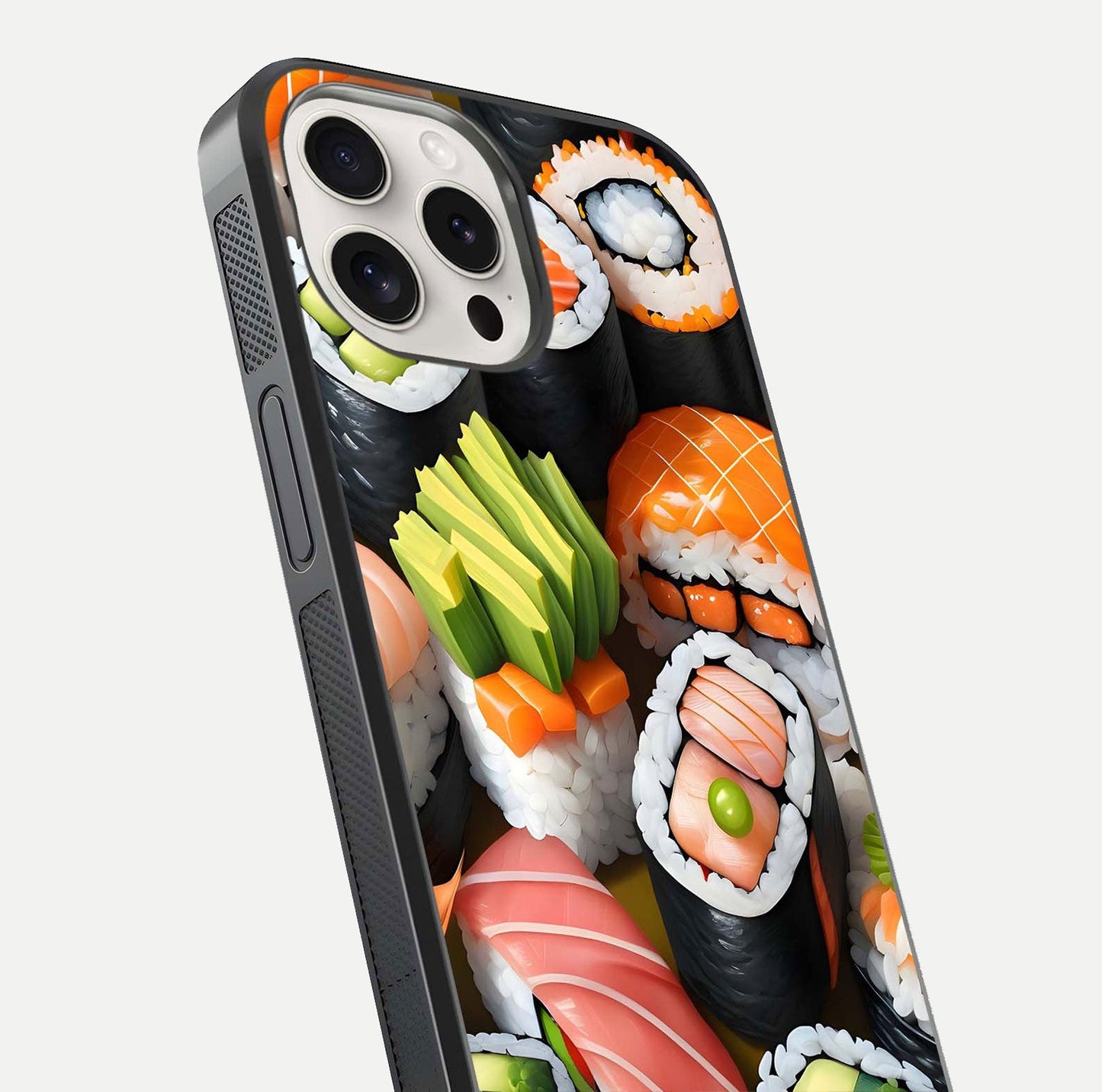 Sushi Food Pattern Glass Case for iPhone 15 Pro Max close-up angled shot highlighting colorful sushi prints and reflection