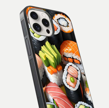 Sushi Food Pattern Glass Case for iPhone 15 Pro Max close-up angled shot highlighting colorful sushi prints and reflection