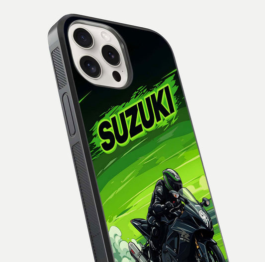 Suzuki Speed Beast Glass Case for iPhone 15 Pro Max close-up angled shot highlighting bold tones and reflection