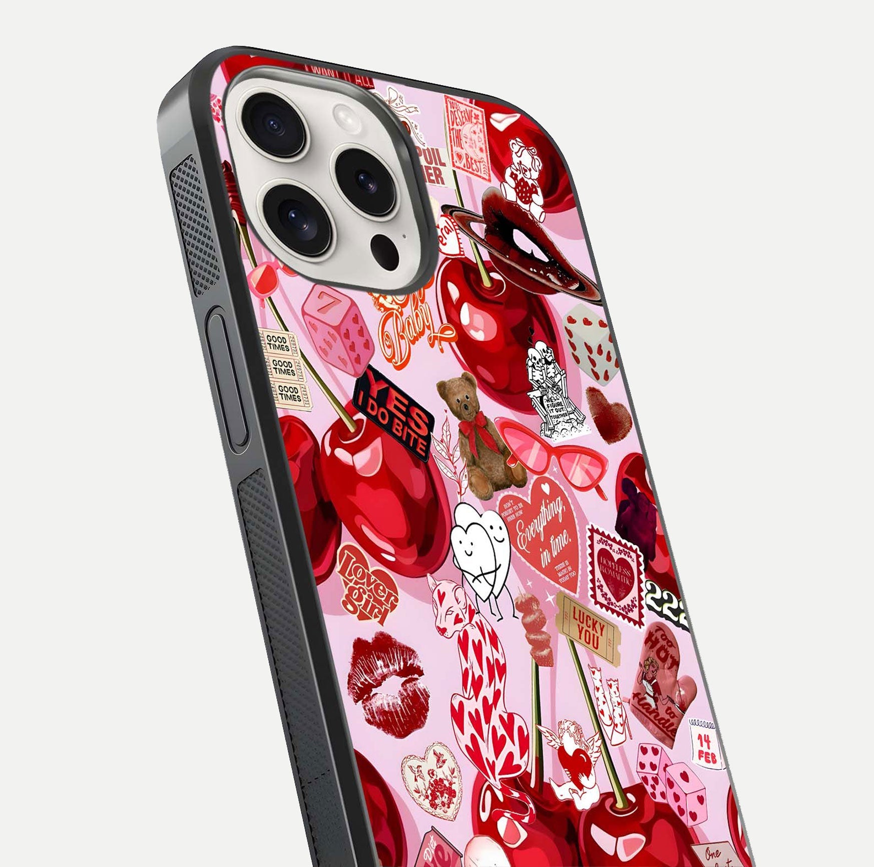 Sweet Cherry Chaos Glass Case for iPhone 15 Pro Max close-up angled shot highlighting red tone contrast and reflection