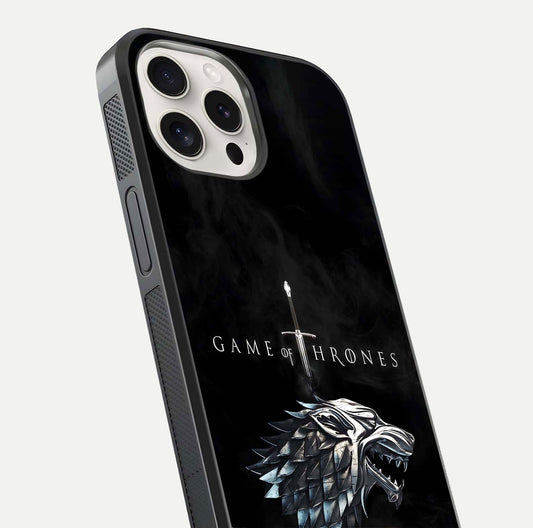 Throne Wolf Legacy Glass Case for iPhone 15 Pro Max close-up angled shot highlighting fur texture and reflection