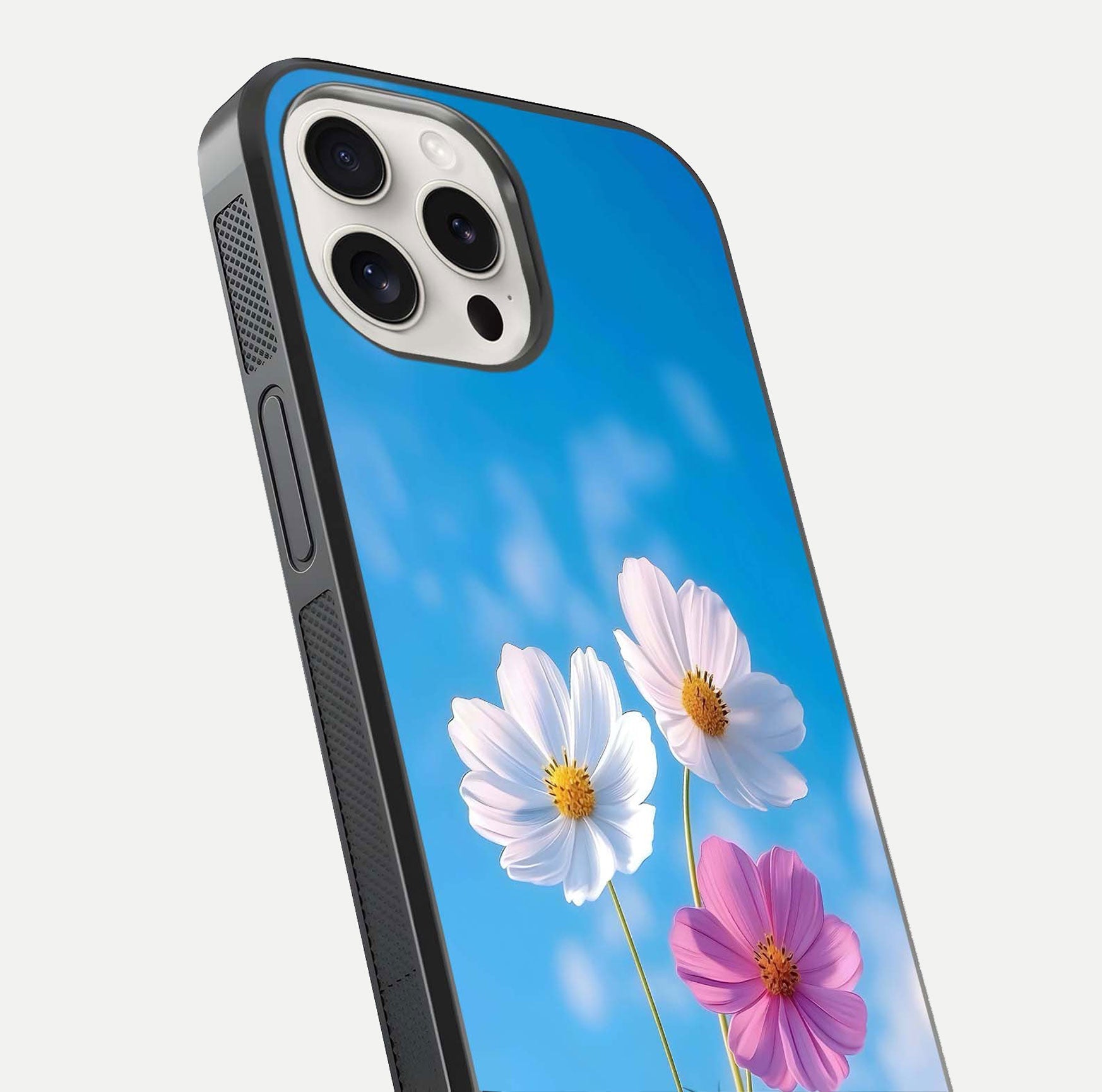 Triple Flowers With Sky Glass Case for iPhone 15 Pro Max close-up angled shot highlighting petal and reflection details
