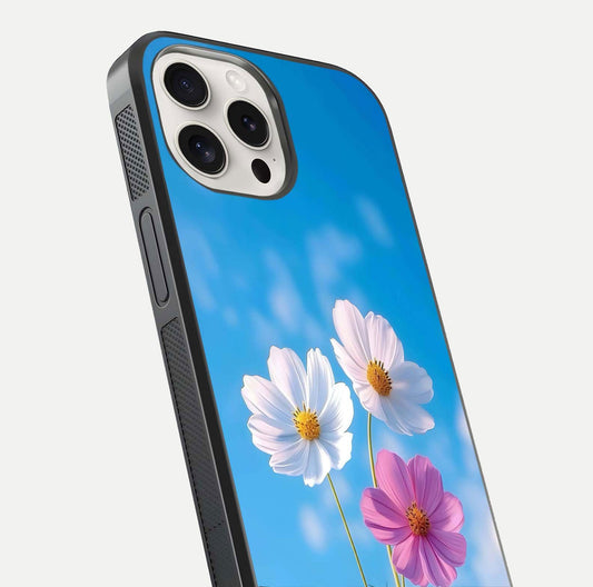 Triple Flowers With Sky Glass Case for iPhone 15 Pro Max close-up angled shot highlighting petal and reflection details
