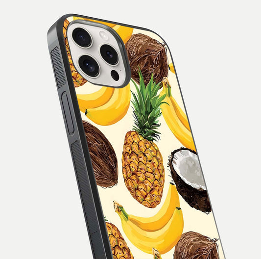 Tropical Fruit Mood Glass Case for iPhone 15 Pro Max close-up angled shot highlighting fruit texture and reflection