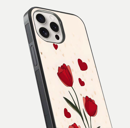 Tulip With Heart Glass Case for iPhone 15 Pro Max close-up angled shot highlighting petal details and reflection