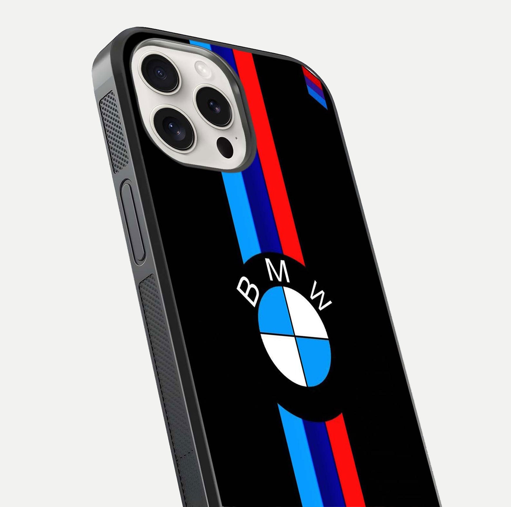 Turbo BMW Beast Glass Case for iPhone 15 Pro Max close-up angled shot highlighting car detailing and reflection