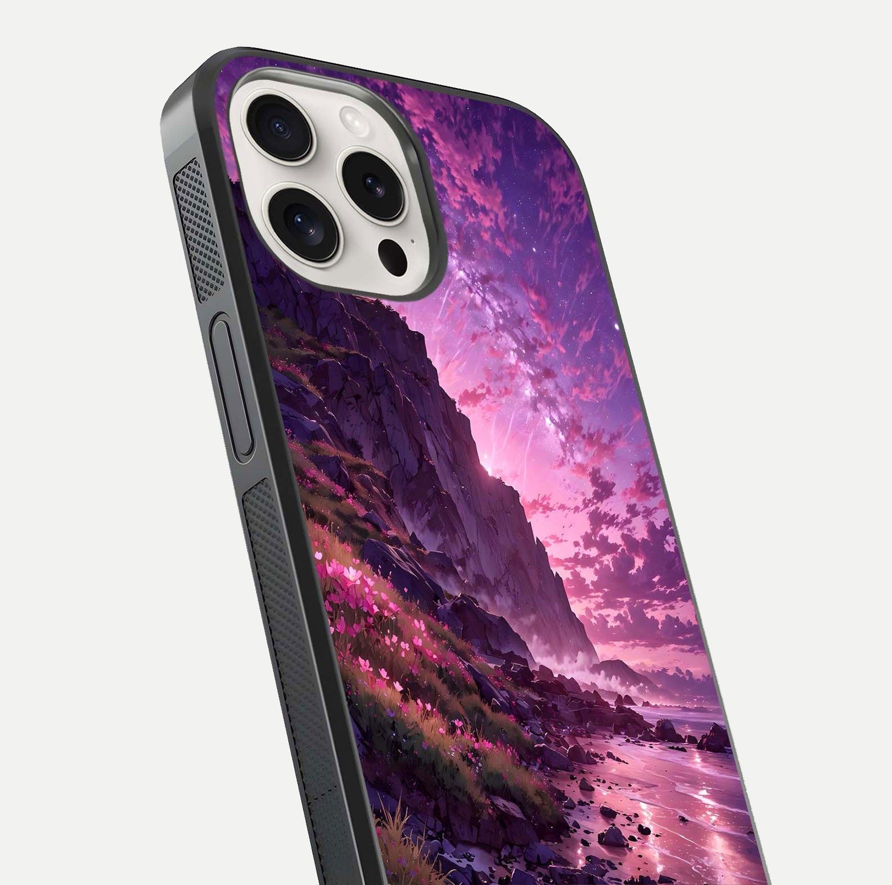 Twilight Blossom Coast Glass Case for iPhone 15 Pro Max close-up angled shot highlighting gradient sky and reflection