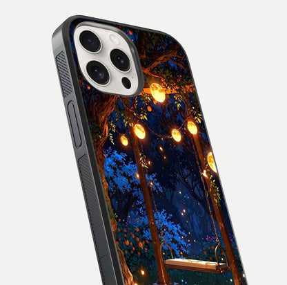 Twilight Garden Swing Glass Case for iPhone 15 Pro Max close-up angled shot highlighting floral tones and reflection
