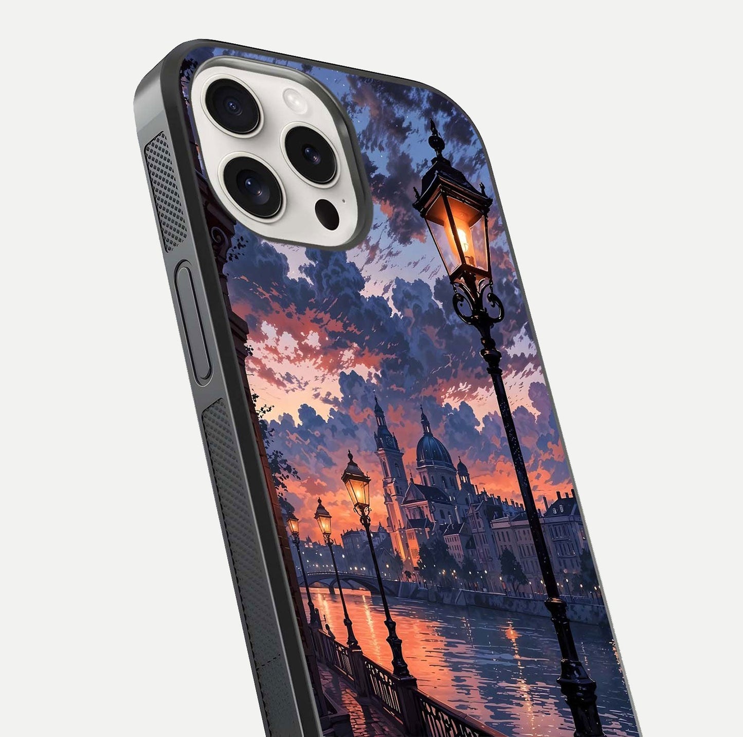 Twilight River Lights Glass Case for iPhone 15 Pro Max close-up angled shot highlighting river reflections and color tones