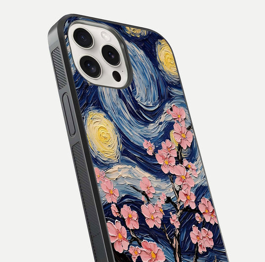Van Gogh Scenery Glass Case for iPhone 15 Pro Max close-up angled shot highlighting brushwork texture and color depth
