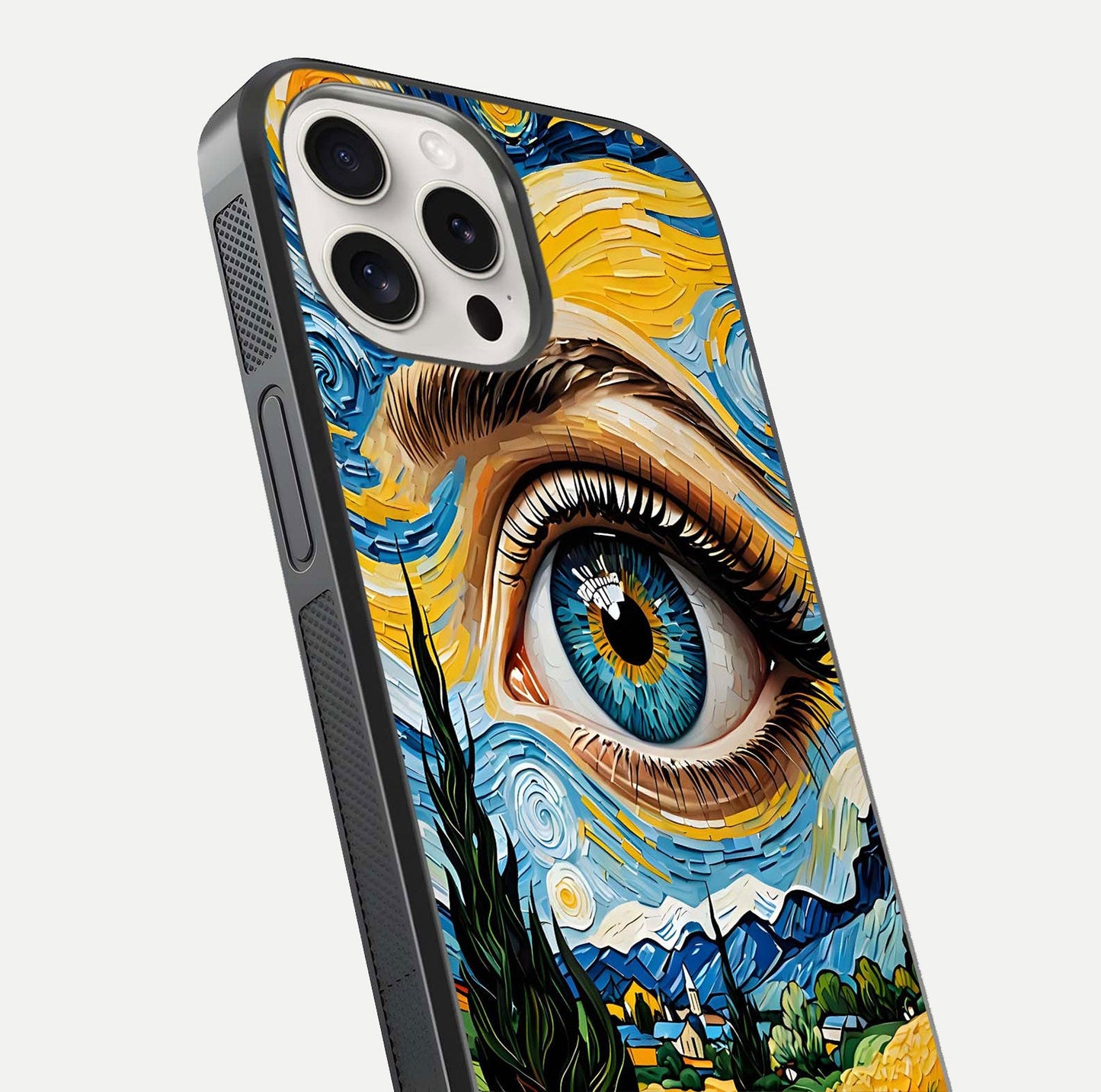 Van Gogh Eye Glass Case for iPhone 15 Pro Max close-up angled shot highlighting color blend and gloss reflection