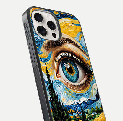 Van Gogh Eye Glass Case for iPhone 15 Pro Max close-up angled shot highlighting color blend and gloss reflection