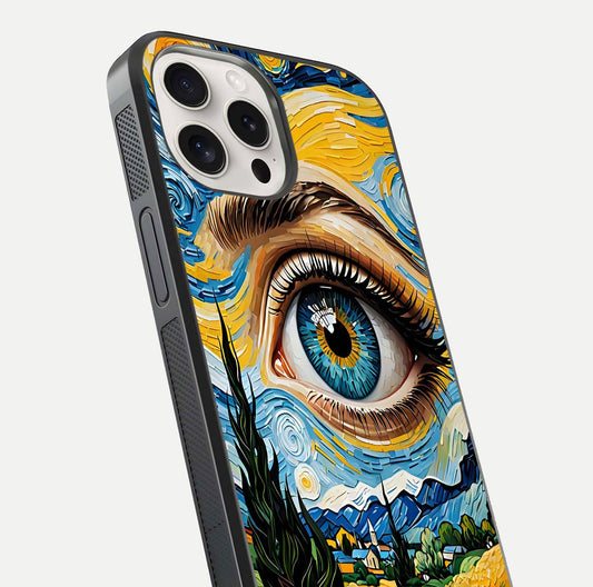 Van Gogh Eye Glass Case for iPhone 15 Pro Max close-up angled shot highlighting color blend and gloss reflection