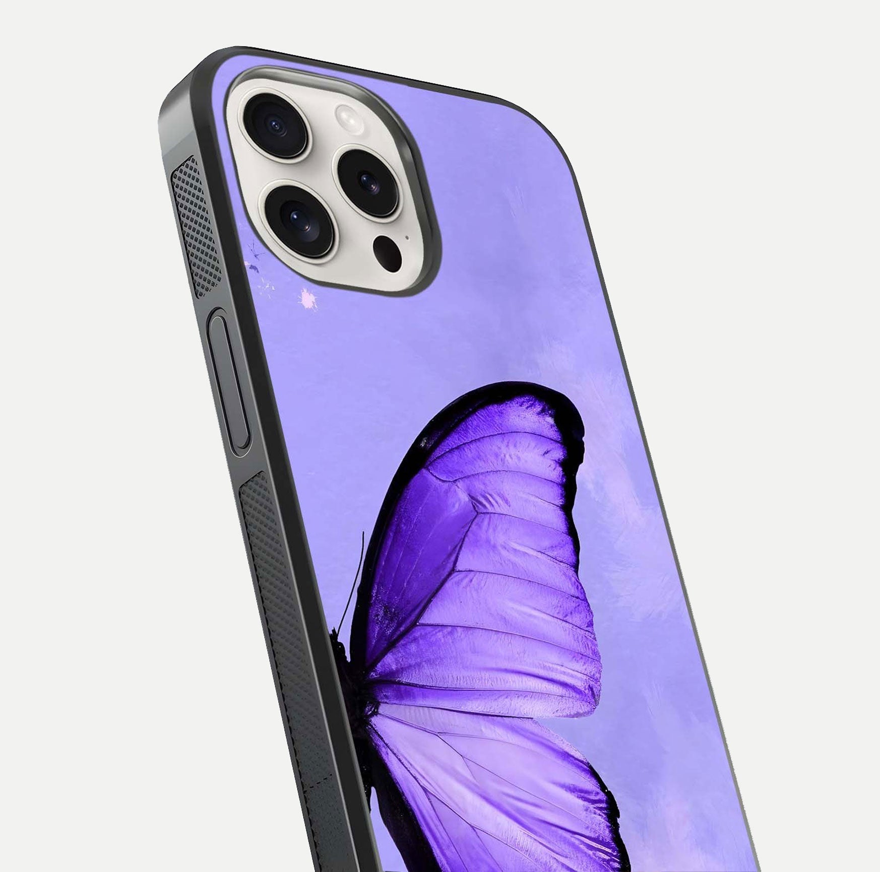 Violet Dream Wing Glass Case for iPhone 15 Pro Max close-up angled shot highlighting wing texture and reflection