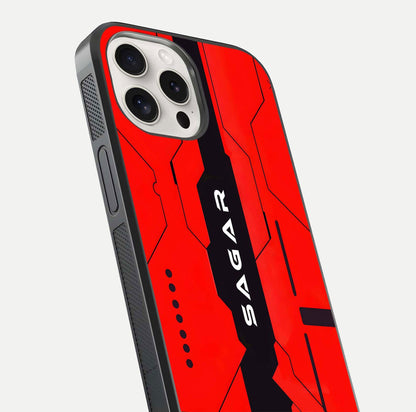 Voltage Rise CYBERPUNK Custom Name Glass Case for iPhone 15 Pro Max close-up angled shot highlighting neon glow and reflection