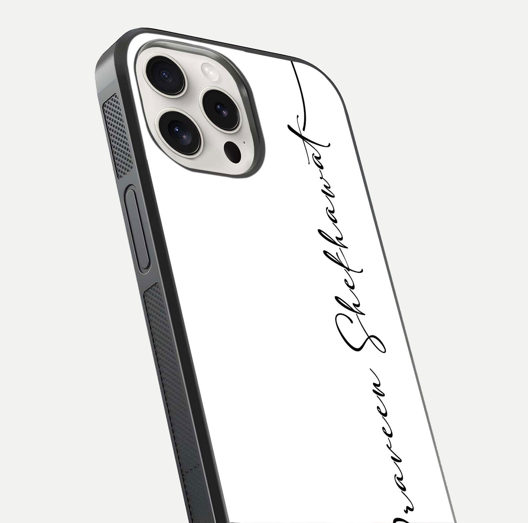 White Tune Custom Name Glass Case for iPhone 15 Pro Max close-up angled shot highlighting gloss reflection and texture