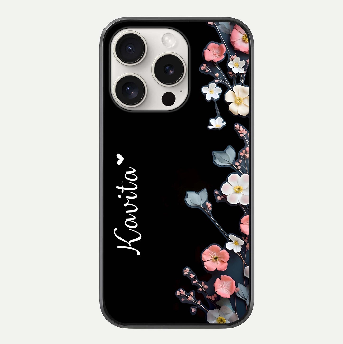 Black Elegance Floral Custom Name Glass Case For iPhone 15 Pro Max by Custom World