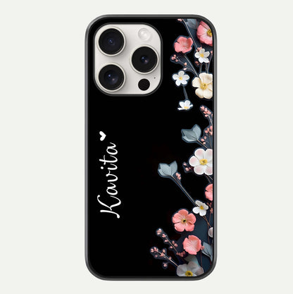Black Elegance Floral Custom Name Glass Case For iPhone 15 Pro Max by Custom World