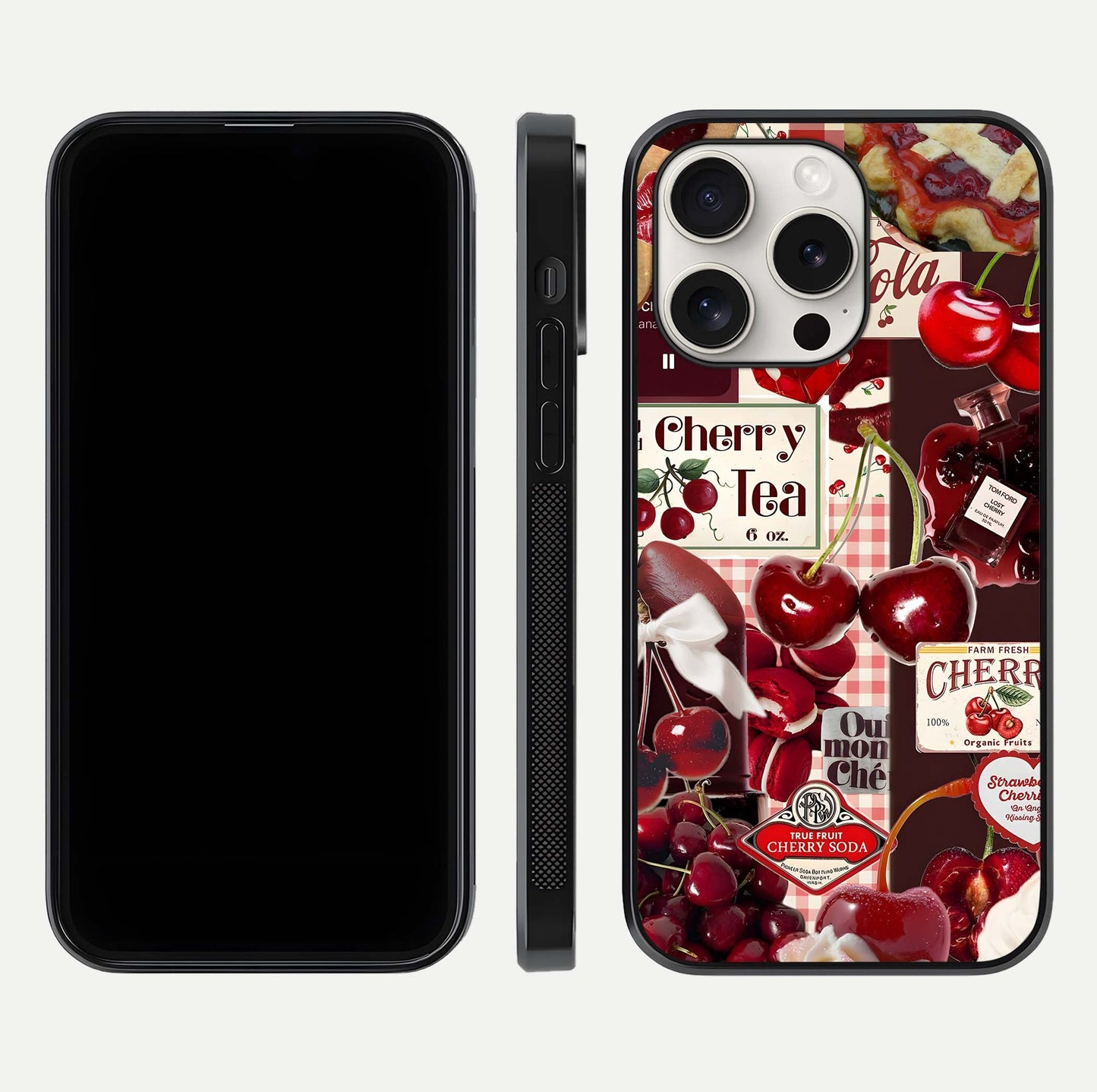 Aesthetic Cherry Tea Glass Case for iPhone 15 Pro Max front and back view layout showing black front display and artistic cherry-themed glass back