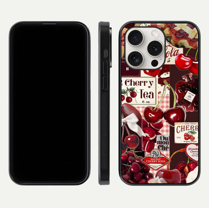 Aesthetic Cherry Tea Glass Case for iPhone 15 Pro Max front and back view layout showing black front display and artistic cherry-themed glass back
