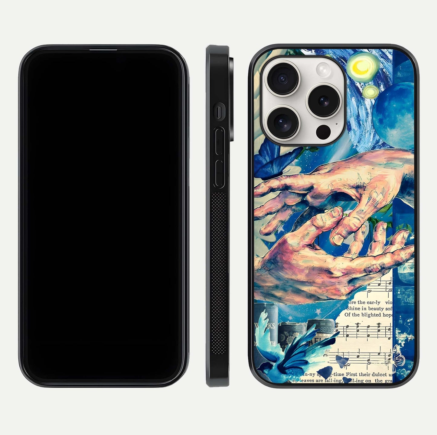 Aesthetic Divider Glass Case for iPhone 15 Pro Max front and back view layout showing black front display and minimal divider glass back