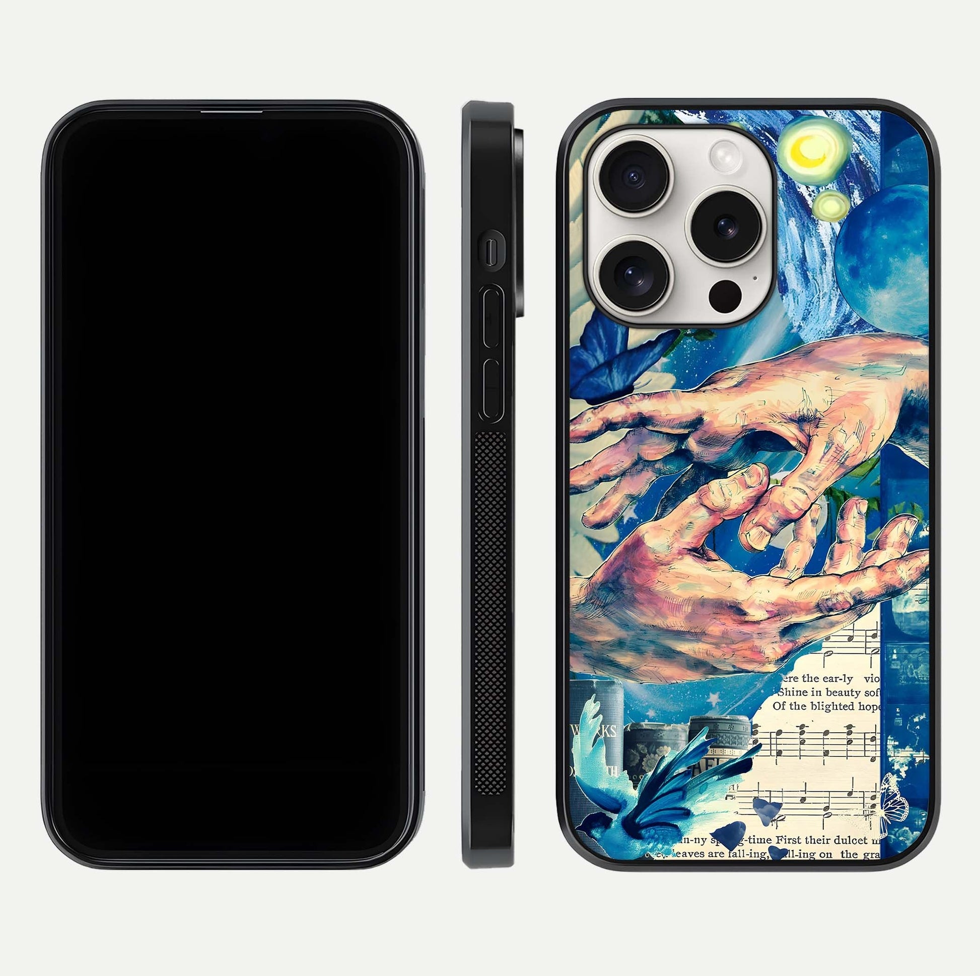 Aesthetic Divider Glass Case for iPhone 15 Pro Max front and back view layout showing black front display and minimal divider glass back
