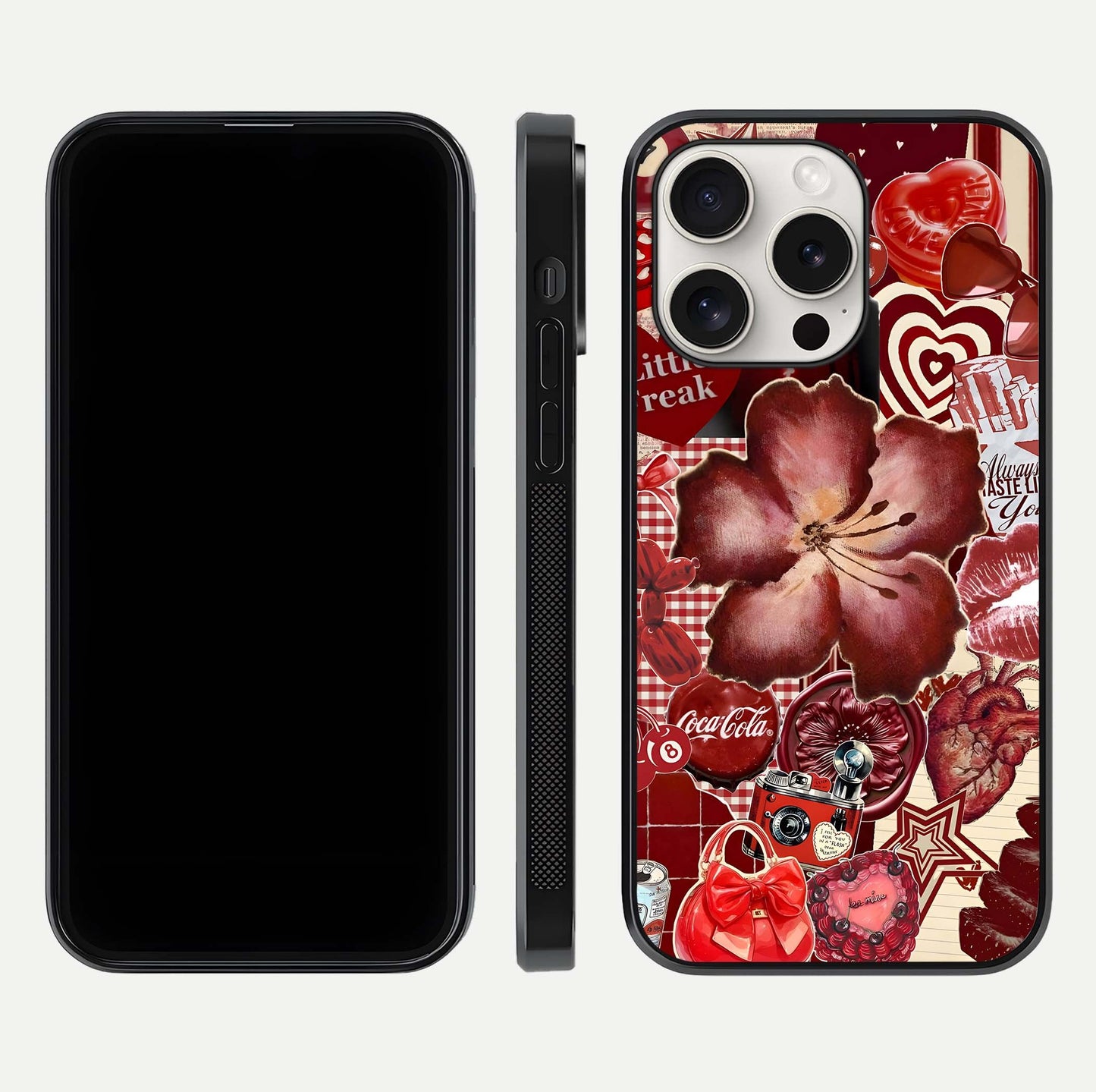 Aesthetic Little Freak Glass Case for iPhone 15 Pro Max front and back view layout showing black front display and trendy collage glass back