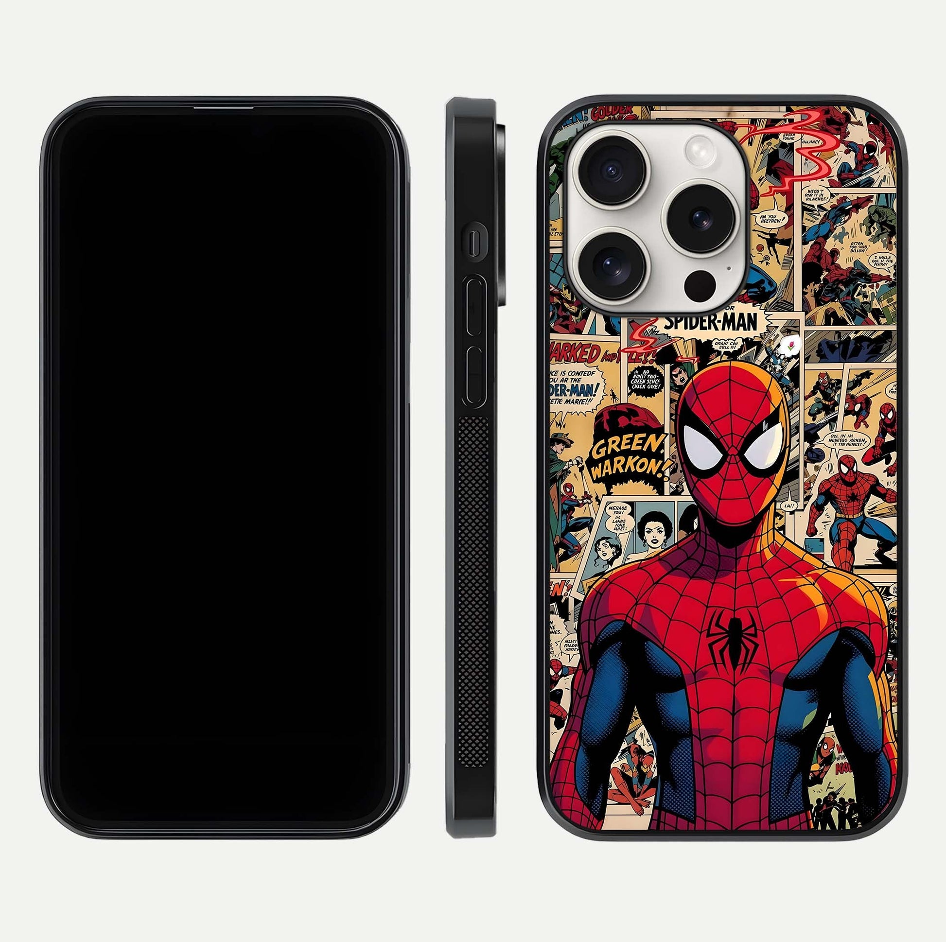 Aesthetic Spider Man Glass Case for iPhone 15 Pro Max front and back view layout showing black front display and Spider-Man art glass back