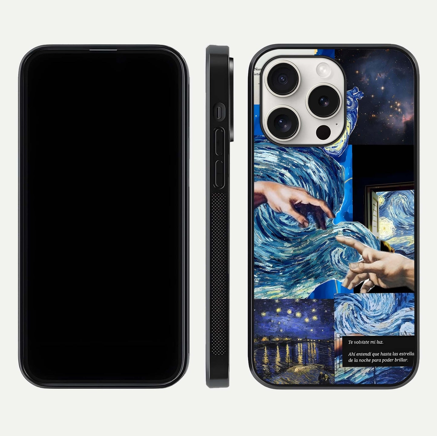 Aesthetic Vando Hands Glass Case for iPhone 15 Pro Max front and back layout highlighting camera cutout and premium glass shine