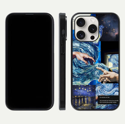 Aesthetic Vando Hands Glass Case for iPhone 15 Pro Max front and back layout highlighting camera cutout and premium glass shine