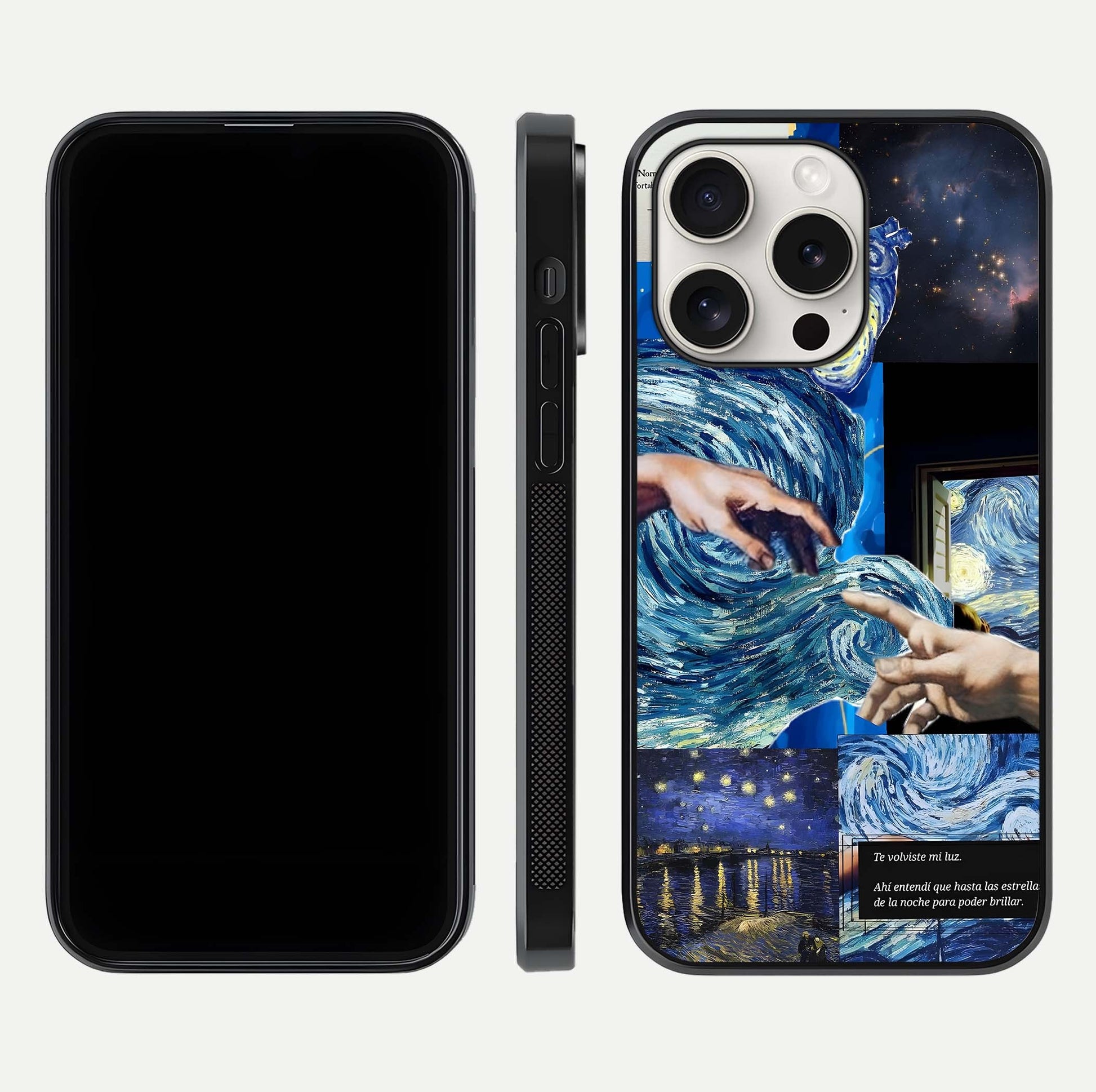 Aesthetic Vando Hands Glass Case for iPhone 15 Pro Max front and back layout highlighting camera cutout and premium glass shine
