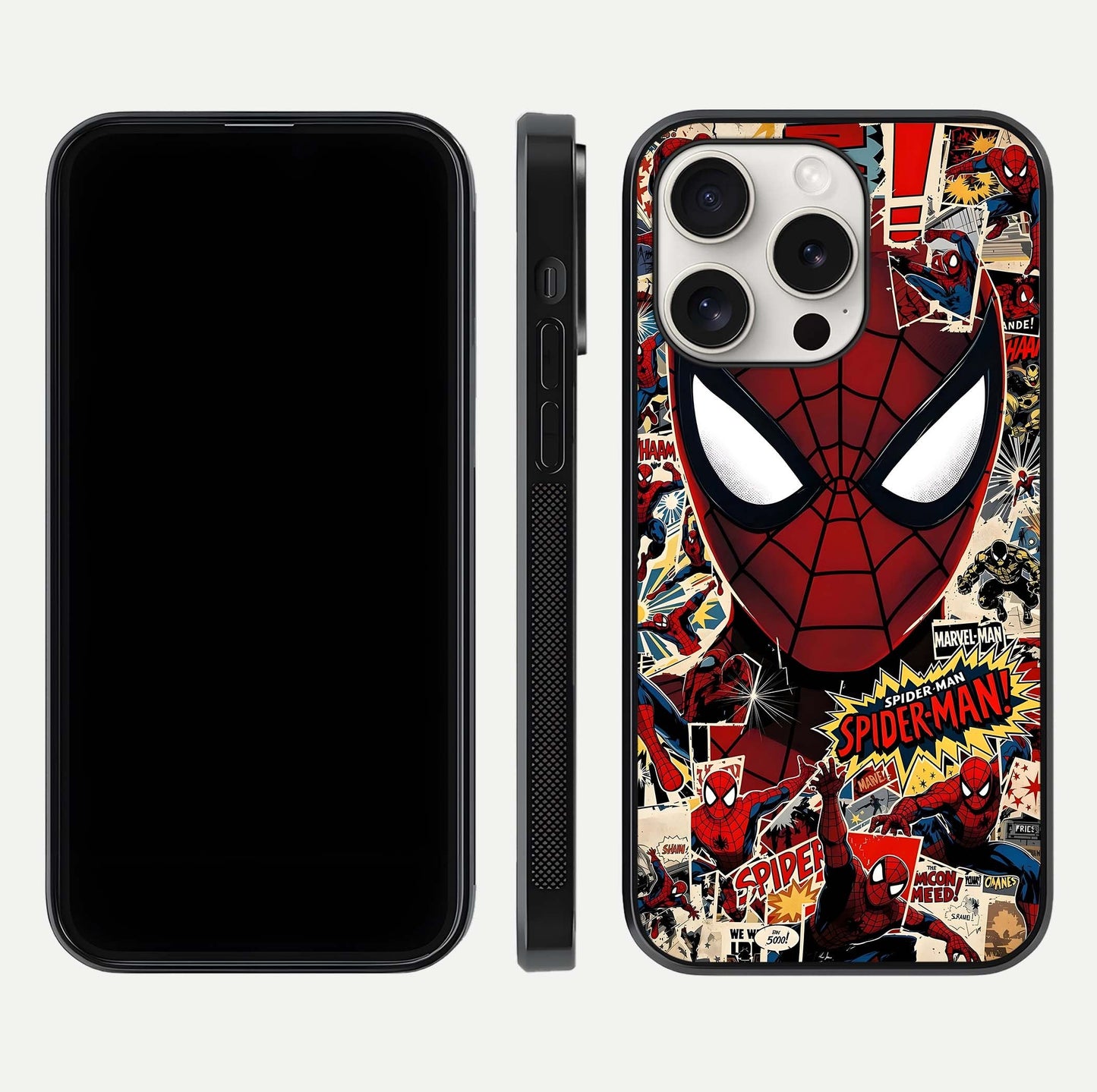 Aesthetic Wonder Spider Glass Case for iPhone 15 Pro Max dual-view layout showing premium glass shine and strong edge design
