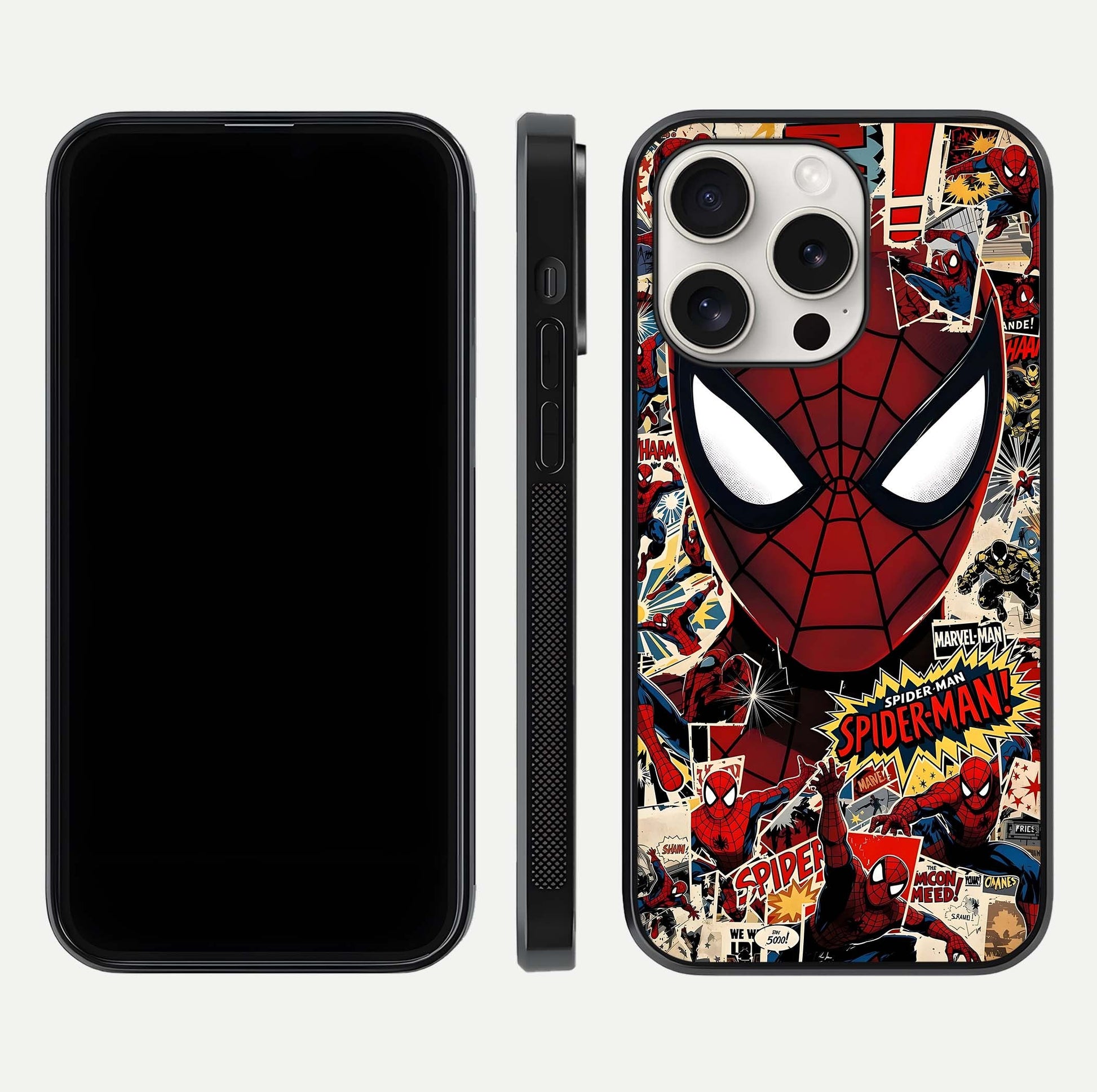 Aesthetic Wonder Spider Glass Case for iPhone 15 Pro Max dual-view layout showing premium glass shine and strong edge design