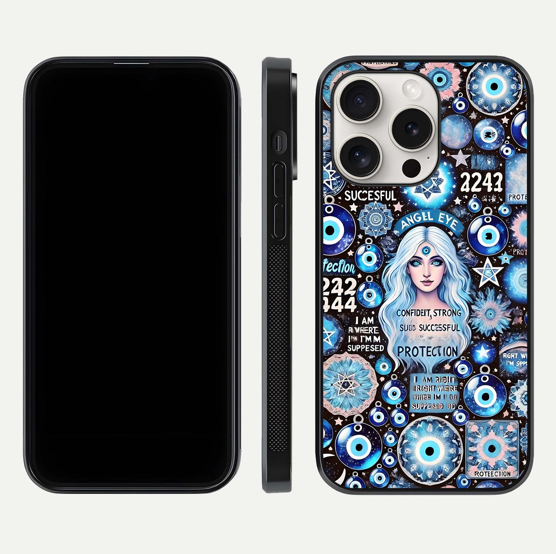 Angel Aura Shield Glass Case for iPhone 15 Pro Max front and back display highlighting glass clarity and spiritual design